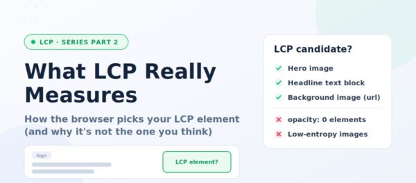 How the browser picks the LCP element — eligible candidates vs excluded elements like opacity-zero and low-entropy images